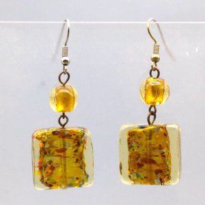 Dichroic Art Glass Earrings, Golden Tones Dangle Drop Vintage Squares